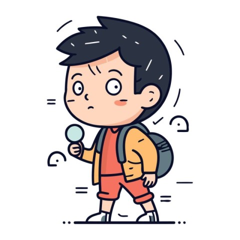 Cute schoolboy with backpack and candy. Vector line art illustra