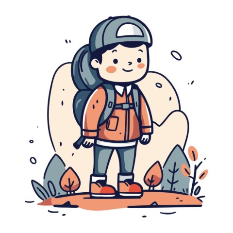 Cute little boy hiking in the forest. Vector illustration in car