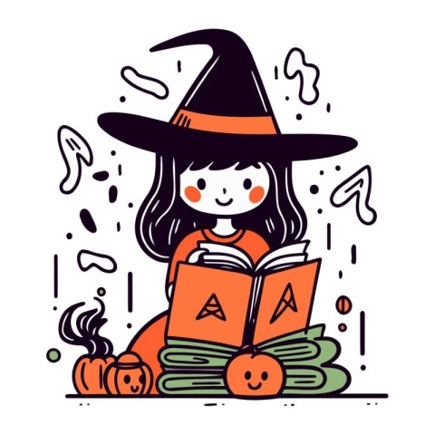 Cute little witch reading book. Vector illustration in doodle st