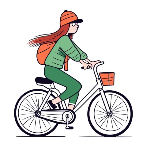 Young woman riding a bike. Vector illustration in a flat style.