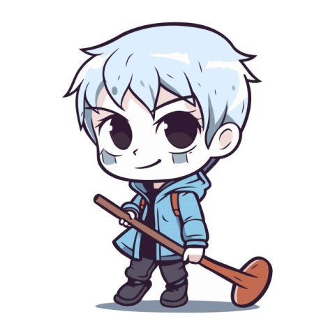 Cute anime boy with big shovel. Vector illustration of a cartoon