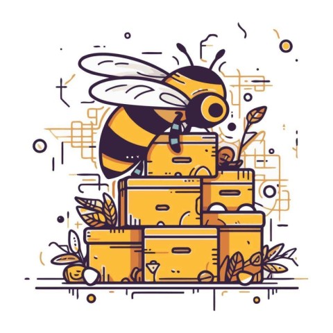 Bee with honeycombs. Vector illustration in thin line style.