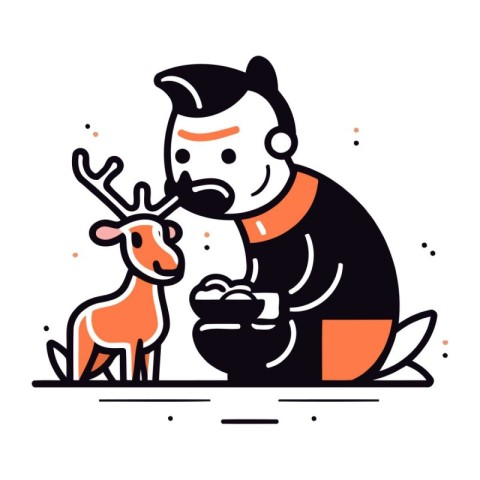 Vector illustration of a man with a reindeer and a bowl of milk.