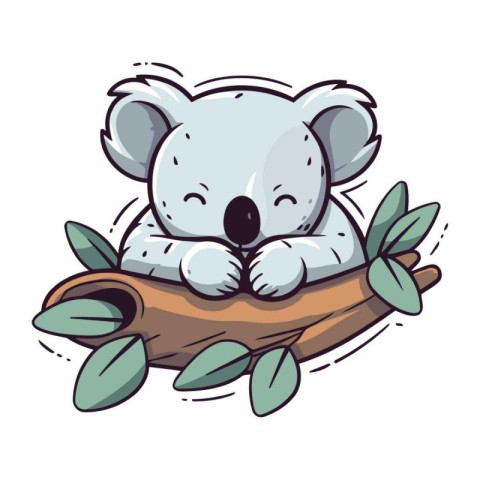 Cute koala sleeping on eucalyptus branch. Vector illustration.