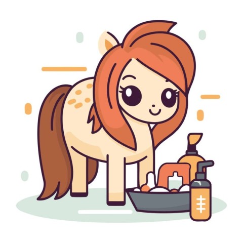 Cute cartoon girl with pony tail and cosmetic products. Vector i