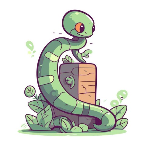 Cute cartoon snake sitting on a wooden stump. Vector illustratio