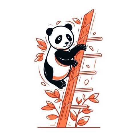 Cute panda bear climbing on a ladder. Vector illustration.