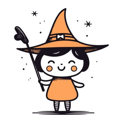 Cute little witch with magic wand and hat. Vector illustration.