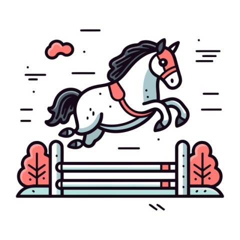 Horse jumping over fence. Vector illustration in thin line style