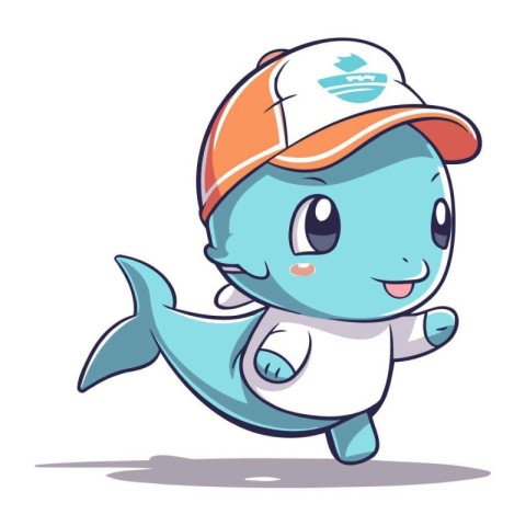 Cute cartoon blue whale in baseball cap running. Vector illustra