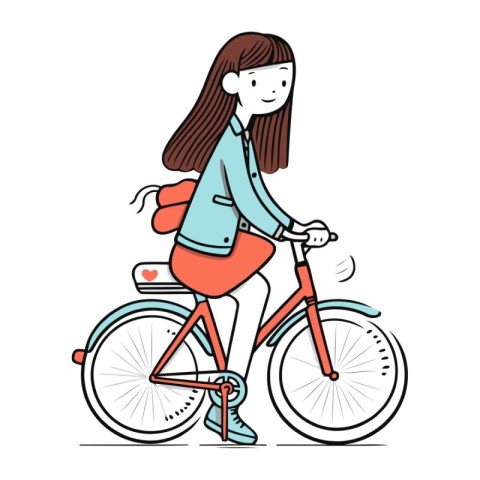 Young woman riding a bicycle. Vector illustration in doodle styl