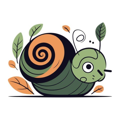 Cute snail with leaves. Vector illustration of a cartoon snail.