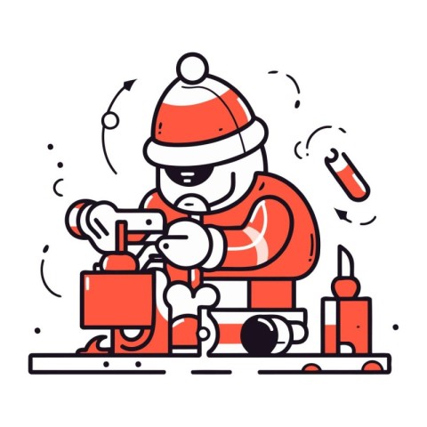 Santa Claus working with Christmas gifts and tools. Vector illus