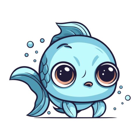 Cute cartoon blue fish character. Vector illustration isolated o