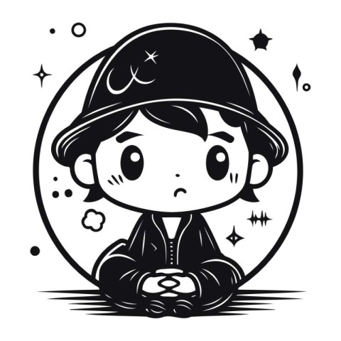 Cute boy in a pirate costume. black and white vector illustratio