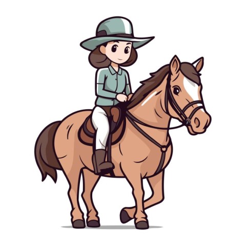 Illustration of a girl in a hat riding a horse on a white backgr