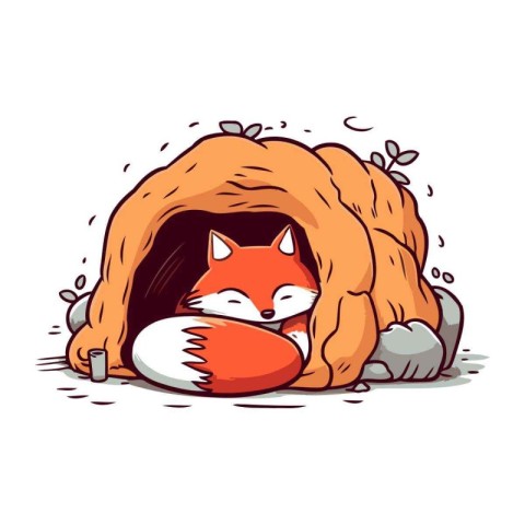 Cute fox sleeping in a fox house. Vector cartoon illustration.