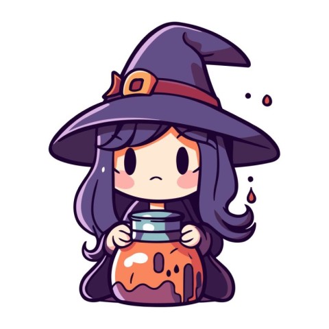 Cute cartoon girl in witch costume with Halloween pumpkin. Vecto