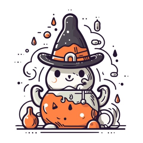 Vector illustration of a cute snowman in a witch hat with a magi