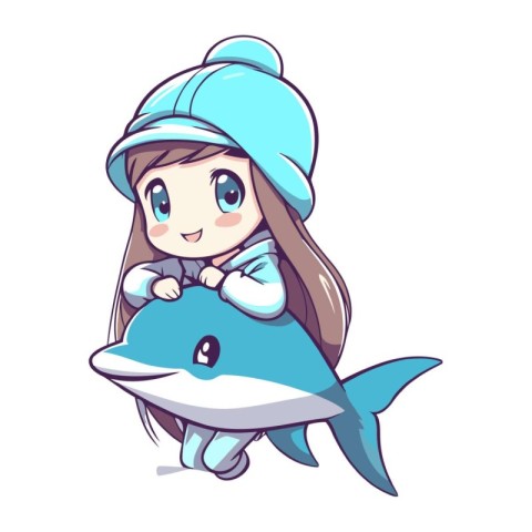 Cute little girl in a cap with a big fish. Vector illustration.