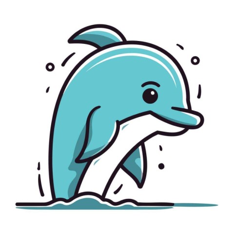 Cute cartoon dolphin jumping out of the water. Vector illustrati