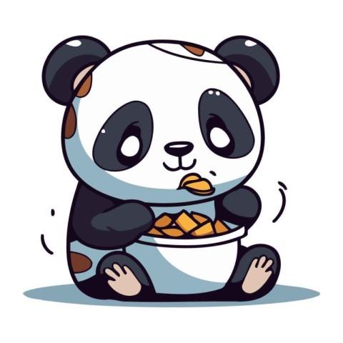 Cute panda sitting with bowl of food. Vector illustration.