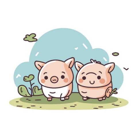 Vector illustration of cute pig and piggy on the grass. Cute car