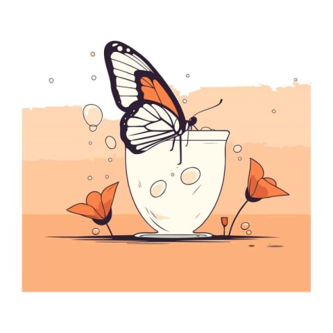 Butterfly in a cup of coffee. Vector illustration in flat style