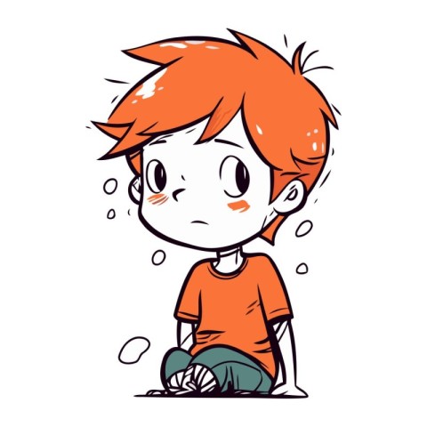 Illustration of a sad boy sitting on the floor and crying.