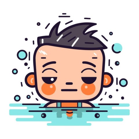 Cute cartoon boy in swimming pool. Vector illustration in flat s