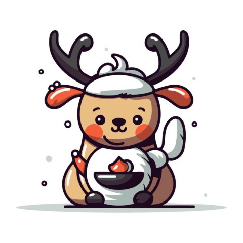 Cute reindeer eating soup. Vector illustration in cartoon style.