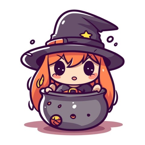 Cute little witch girl with a pot of potion. Vector illustration