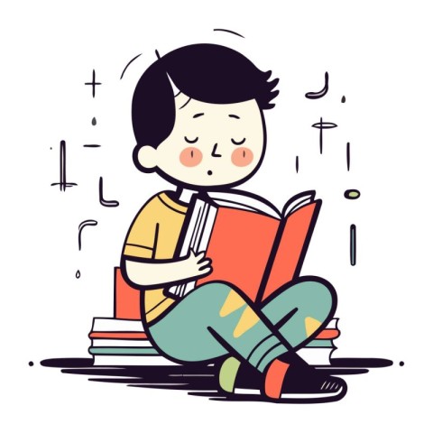 Illustration of a boy reading a book while sitting on the floor