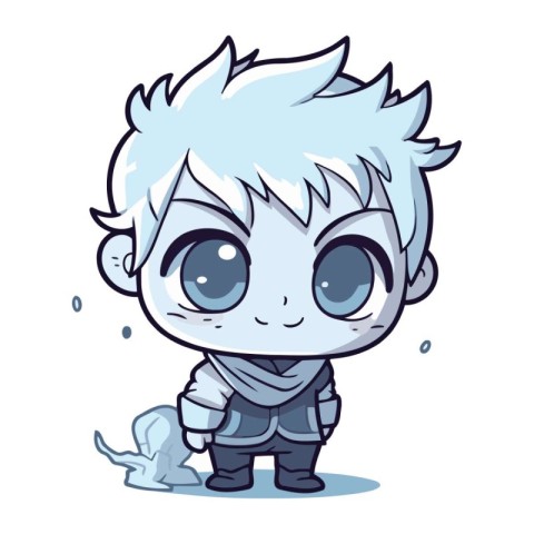 Cute little cartoon boy with blue hair and blue eyes. Vector ill