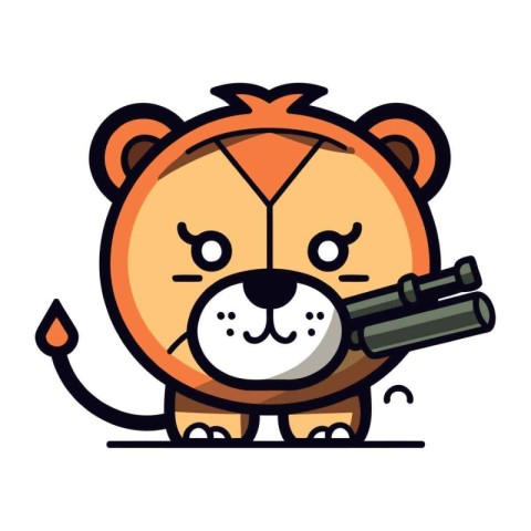 Cute cartoon lion with a gun. Vector illustration isolated on wh