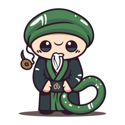 Cute boy in a pirate costume with a snake. Vector illustration.