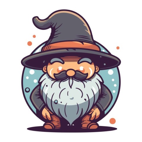 Funny cartoon wizard with long beard and hat. Vector illustratio