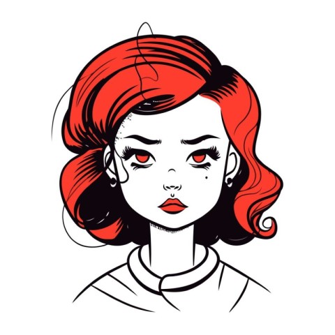 Beautiful woman face with red hair. Vector illustration in sketc