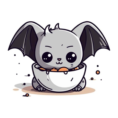 Cute cartoon baby bat holding a bowl with food. Vector illustrat