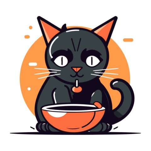 Cute black cat sitting with bowl of food. Vector illustration.