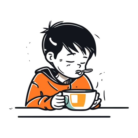 Boy eating a cup of tea. Vector hand drawn cartoon illustration.