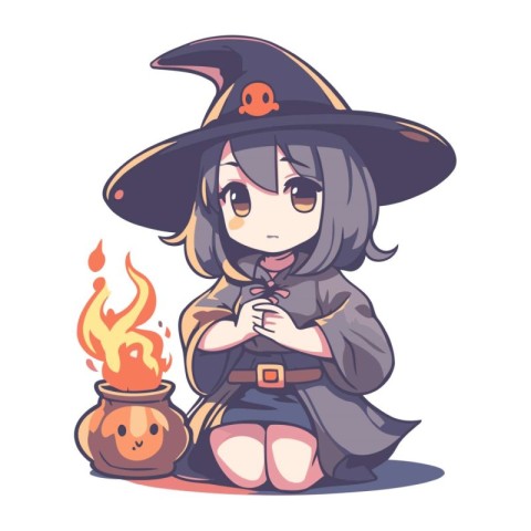 Illustration of a Cute Cartoon Girl in Witch Costume with Hallow