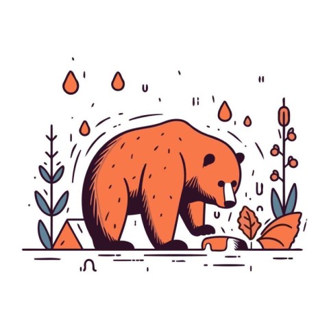 Vector illustration of a bear in the rain. Cute cartoon style.