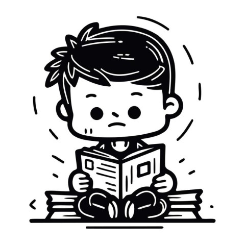 Illustration of a Kid Reading a Book   Black and White Cartoon S