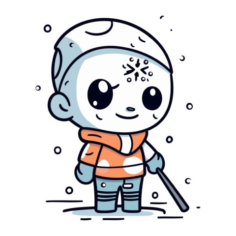 Cute cartoon boy with ice hockey stick. Vector illustration for