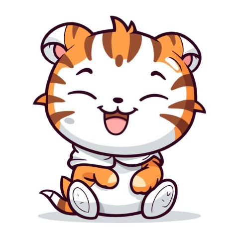 Cute cartoon tiger character sitting and smiling. Vector illustr