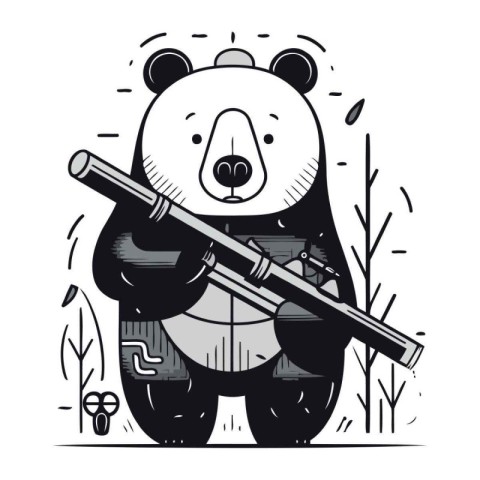 Polar bear with a gun in the forest. Vector illustration.