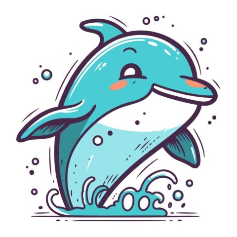 Cute dolphin jumping out of water. Vector illustration isolated