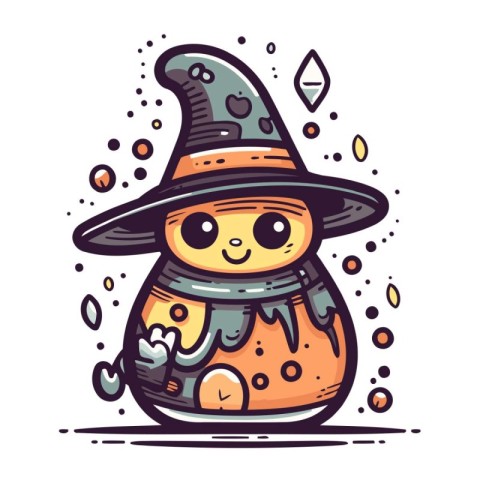 Cute hand drawn vector illustration of a snowman in a witch hat.