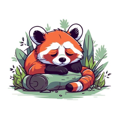 Cute red panda sleeping in the grass. Vector illustration.